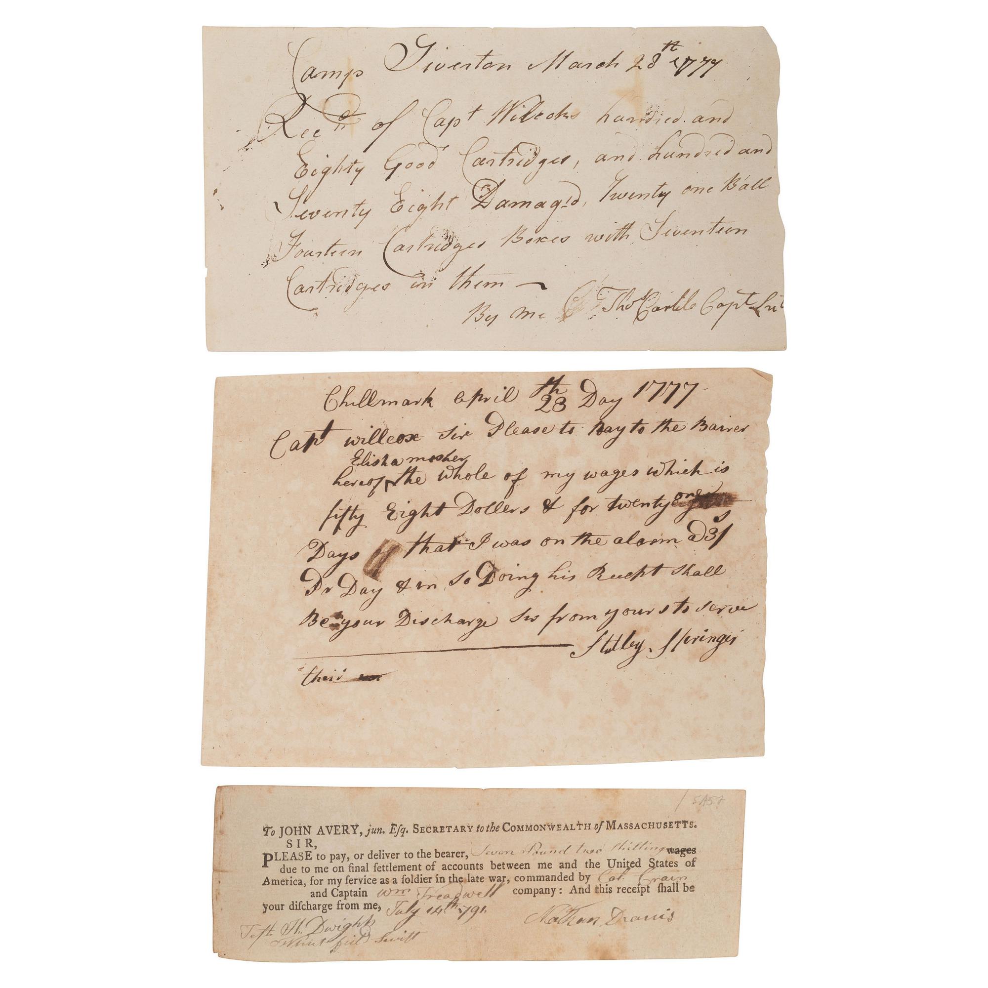 [REVOLUTIONARY WAR]. "An Recompts (or Enventory) of the Cloathing and Effects of Mr. Israel Smith...." Fort Montgomery, [New York]. 18 February 1777.