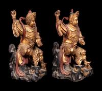 A Pair of Small Chinese Gilt and Red Lacquered Wood Figures of Guardians