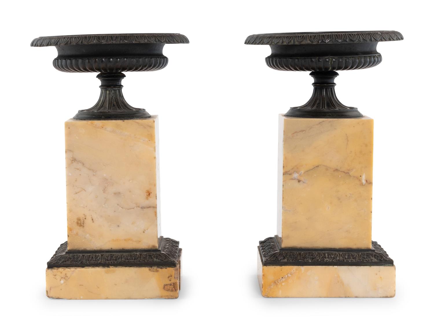 A Pair of French Marble and Patinated Bronze Urn Ornaments