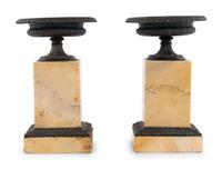 A Pair of French Marble and Patinated Bronze Urn Ornaments