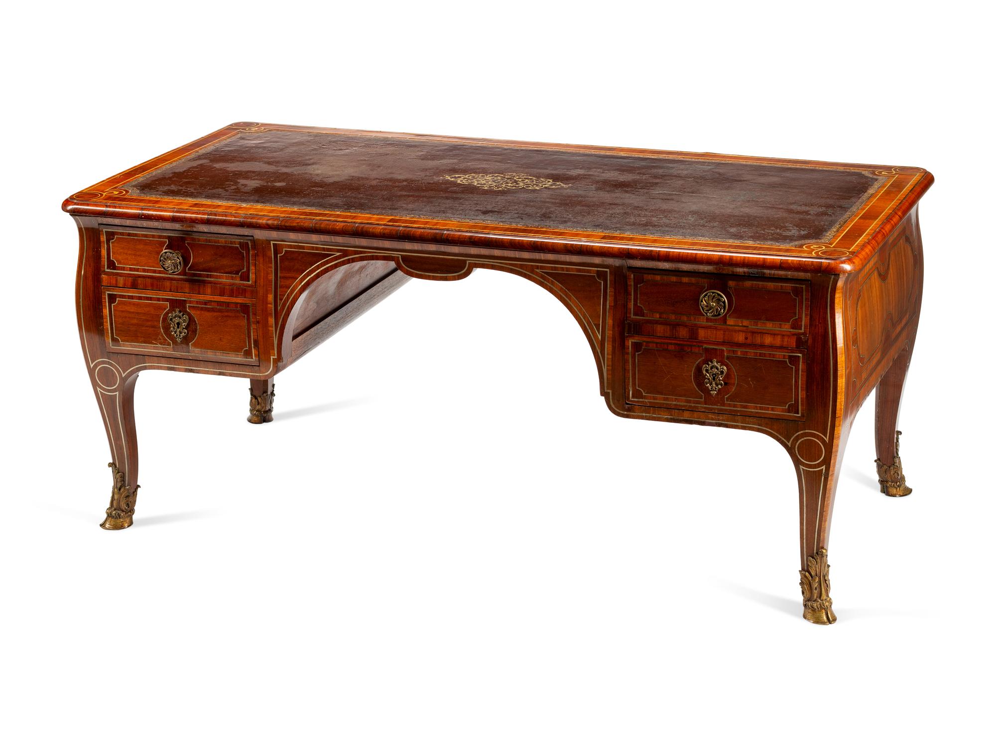 A German or Austrian Brass Inlaid Walnut Bureau Plat