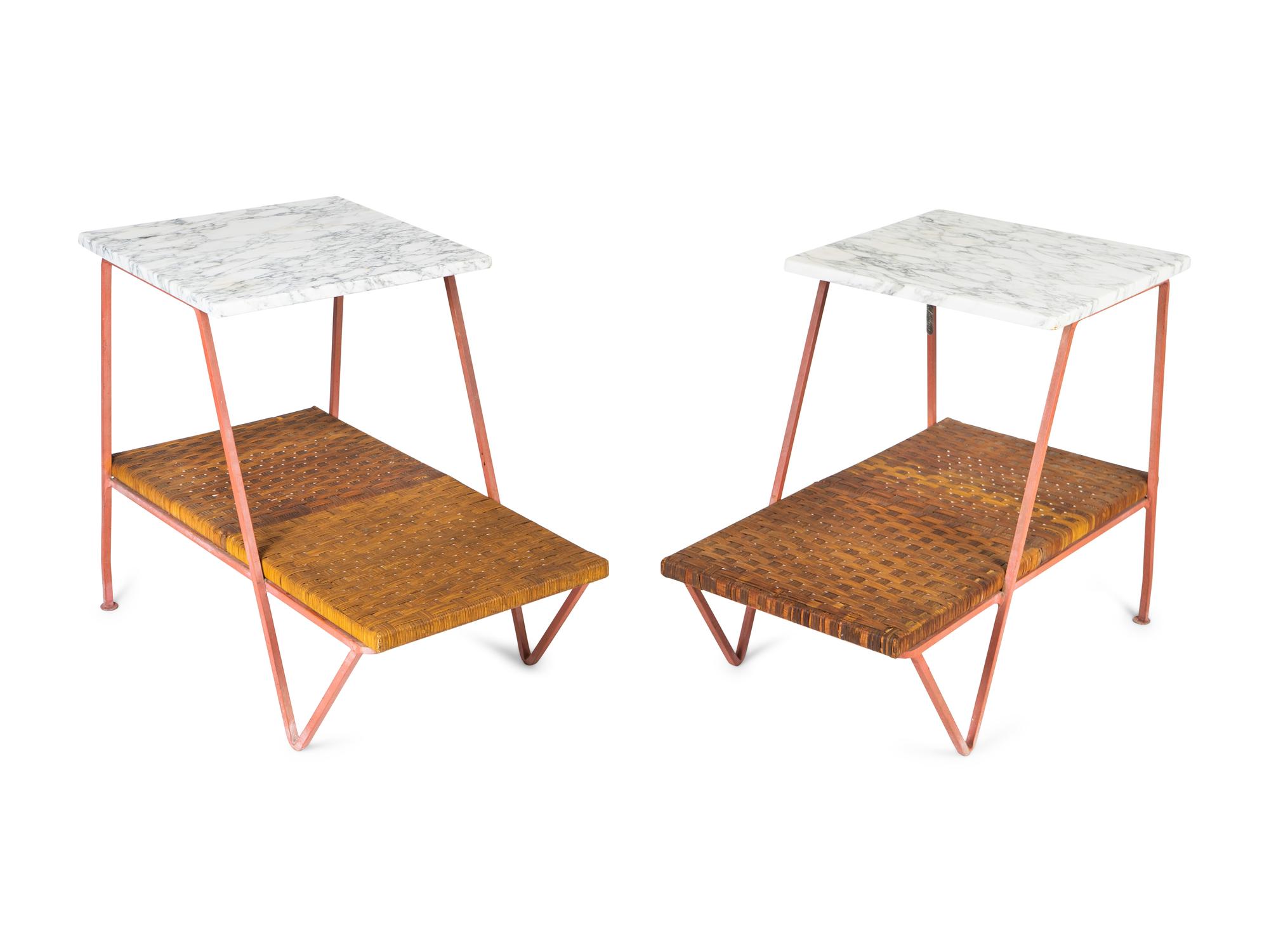 Two Maurizio Tempestino for Salterini Wrought Iron, Wicker and Marble Top Side Tables — MID-2OTH CENTURY