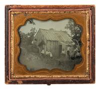 [MINING - EARLY PHOTOGRAPHY]. Sixth plate ambrotype of all male subjects posed outside of a cabin, possibly gold miners.
