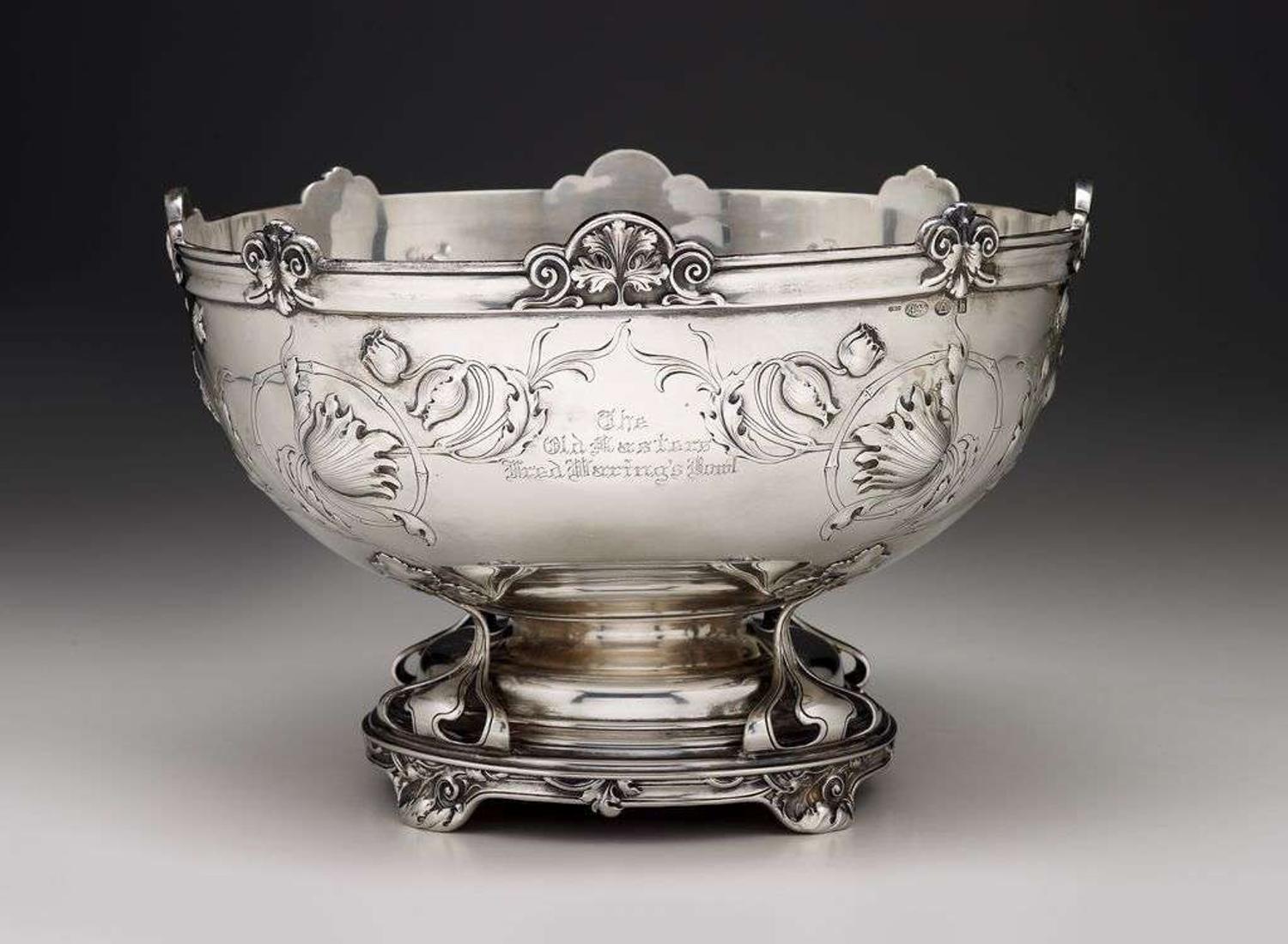 Impressive sterling silver repoussé presentation bowl gorham corporation., birmingham, england early 20th century