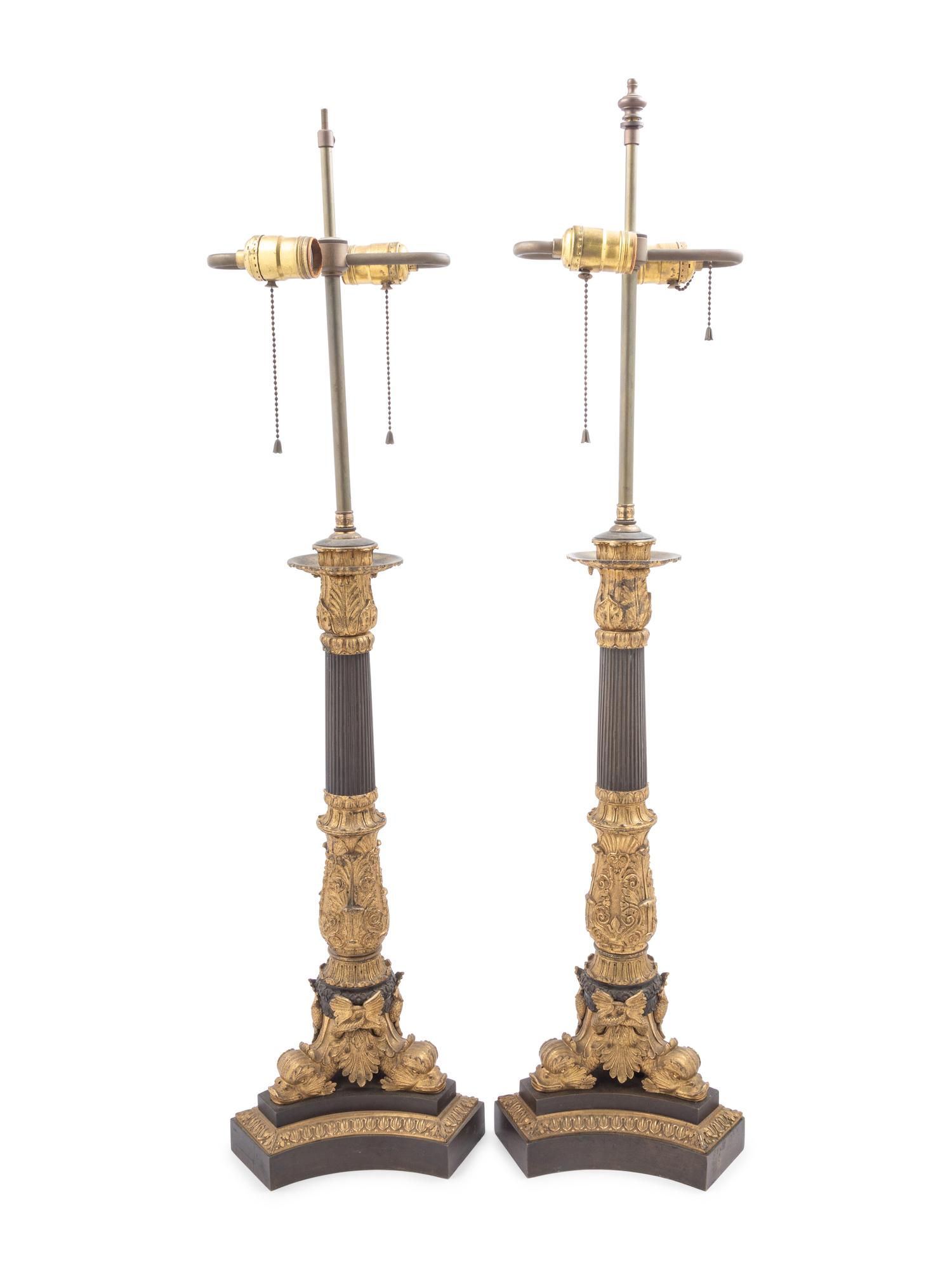 A Pair of Louis Philippe Gilt and Patinated Bronze Candelabra Mounted as Lamps