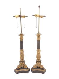 A Pair of Louis Philippe Gilt and Patinated Bronze Candelabra Mounted as Lamps