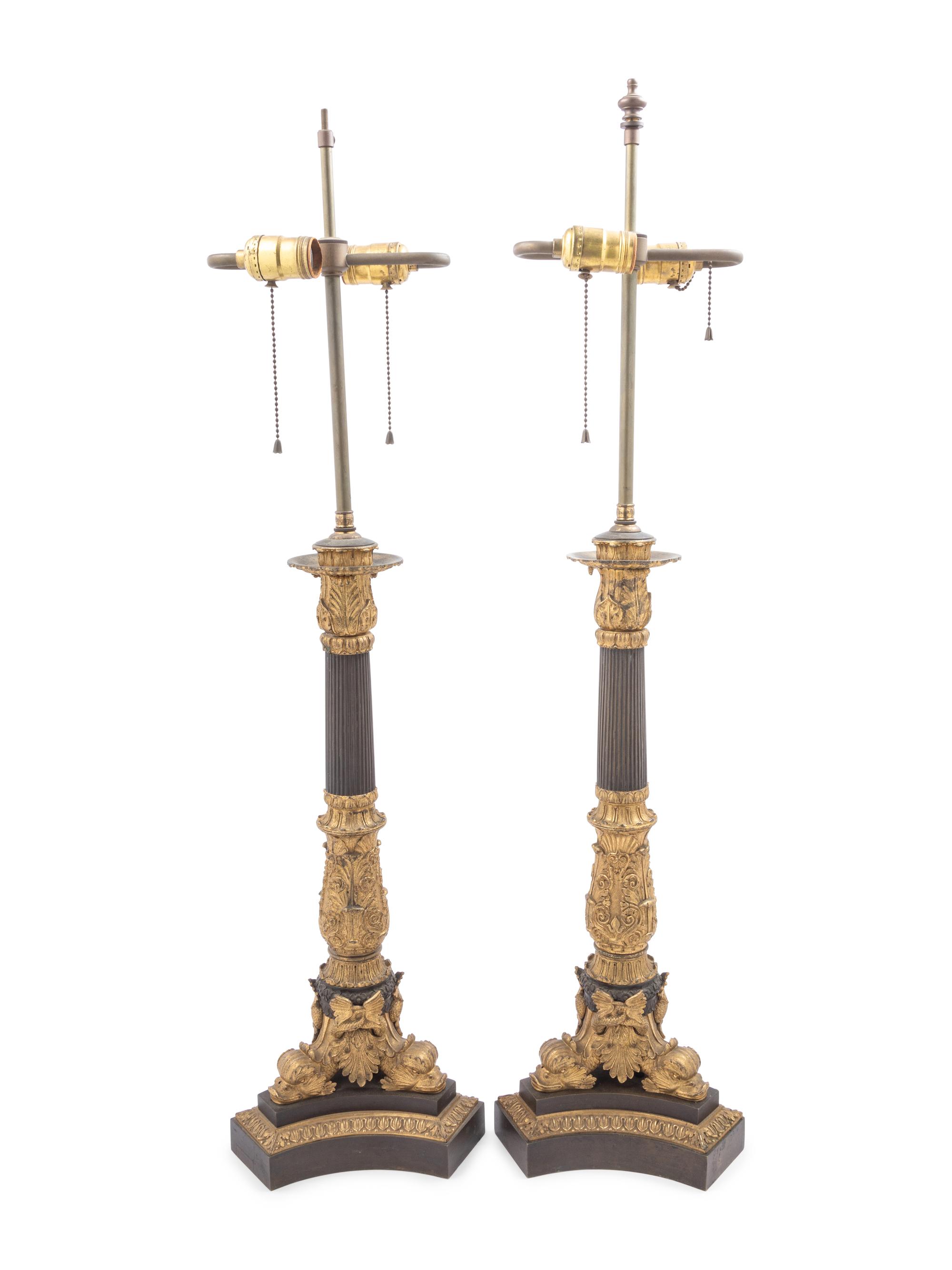 A Pair of Louis Philippe Gilt and Patinated Bronze Candelabra Mounted as Lamps