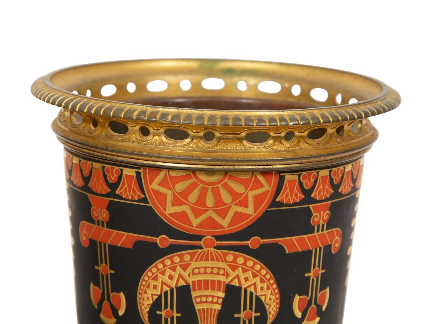 A Pair of French Egyptian Rivival Gilt Bronze Mounted Porcelain Cache Pots