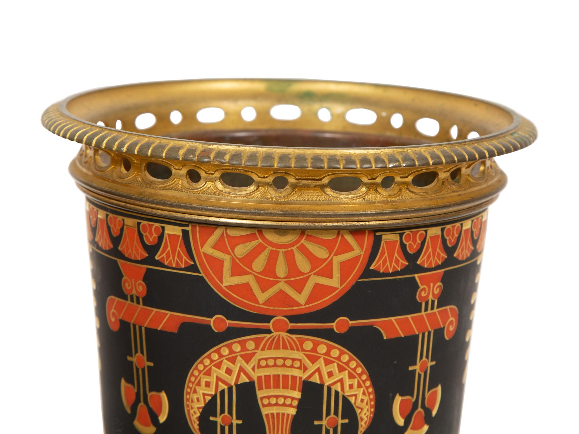 A Pair of French Egyptian Rivival Gilt Bronze Mounted Porcelain Cache Pots