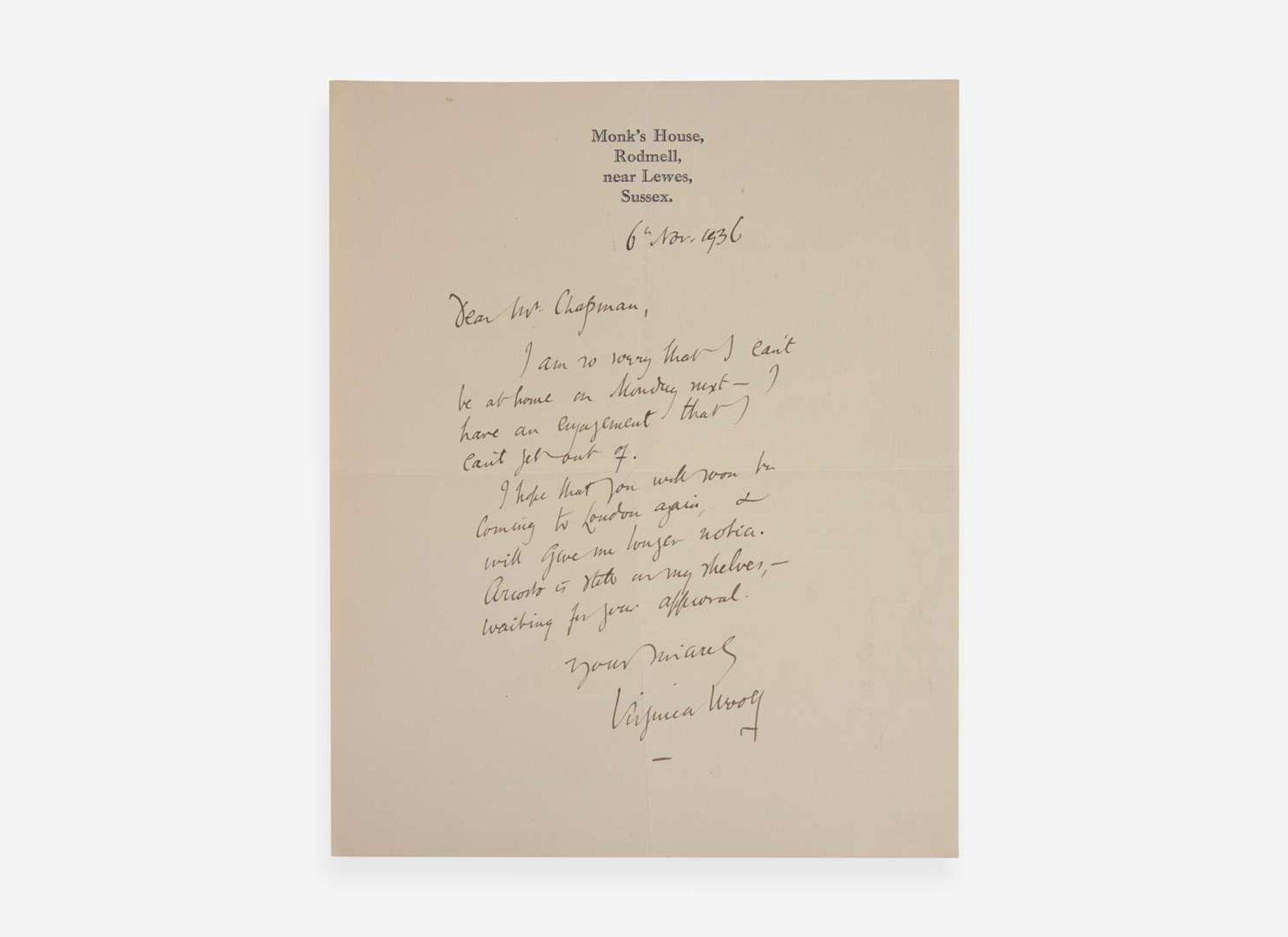 [Literature] Woolf, Virginia: Autograph Letter, signed