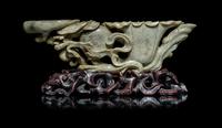A Chicken Bone Jade 'Lotus and Lingzhi ' Brush Washer and Water Coupe Set