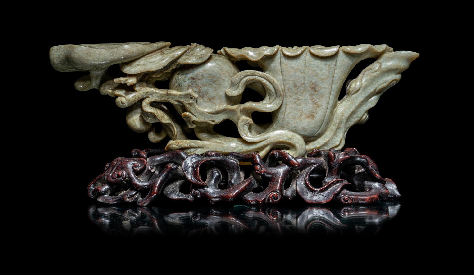 A Chicken Bone Jade 'Lotus and Lingzhi ' Brush Washer and Water Coupe Set