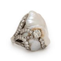 Ruser, Diamond, Baroque Cultured Pearl, and Platinum Ring