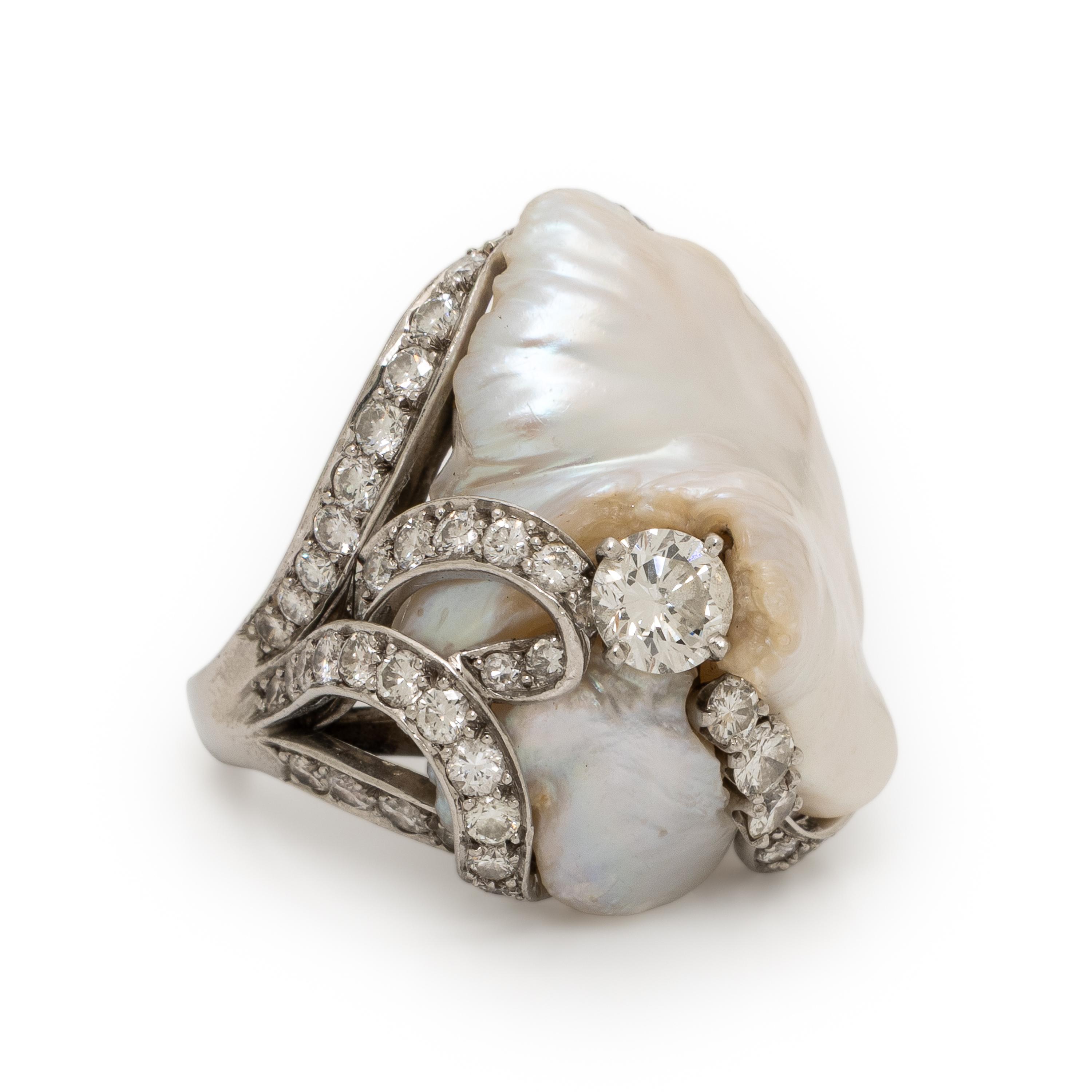 Ruser, Diamond, Baroque Cultured Pearl, and Platinum Ring