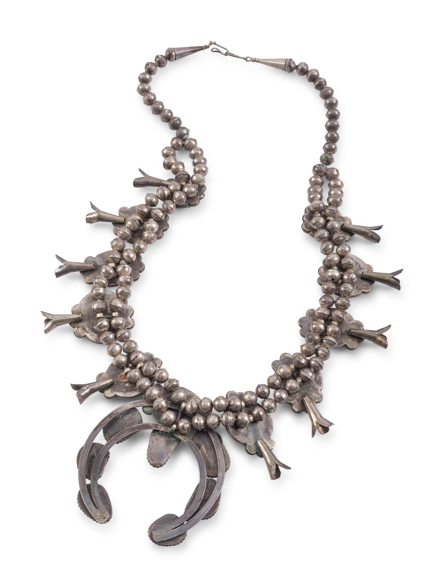 Navajo Silver and Coral Squash Blossom Necklace