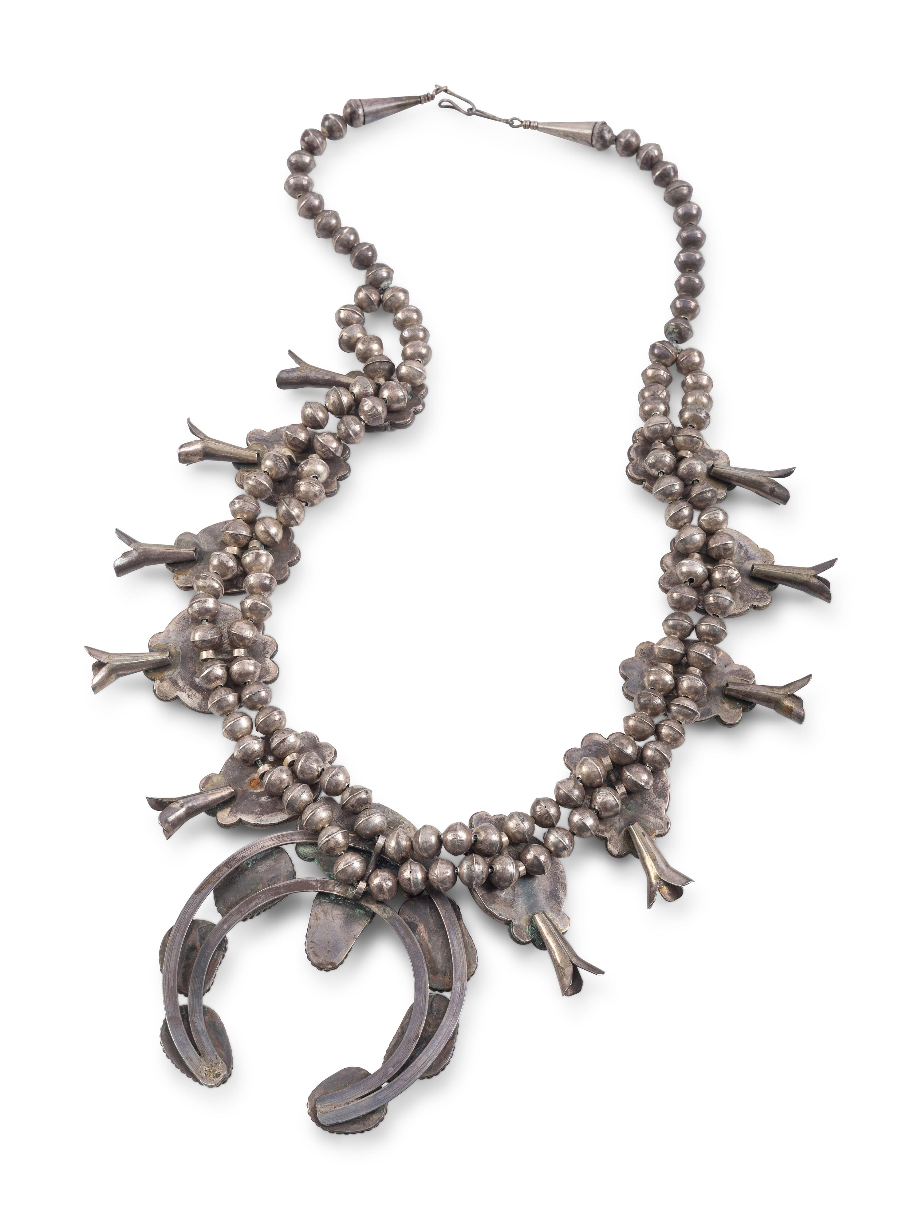 Navajo Silver and Coral Squash Blossom Necklace