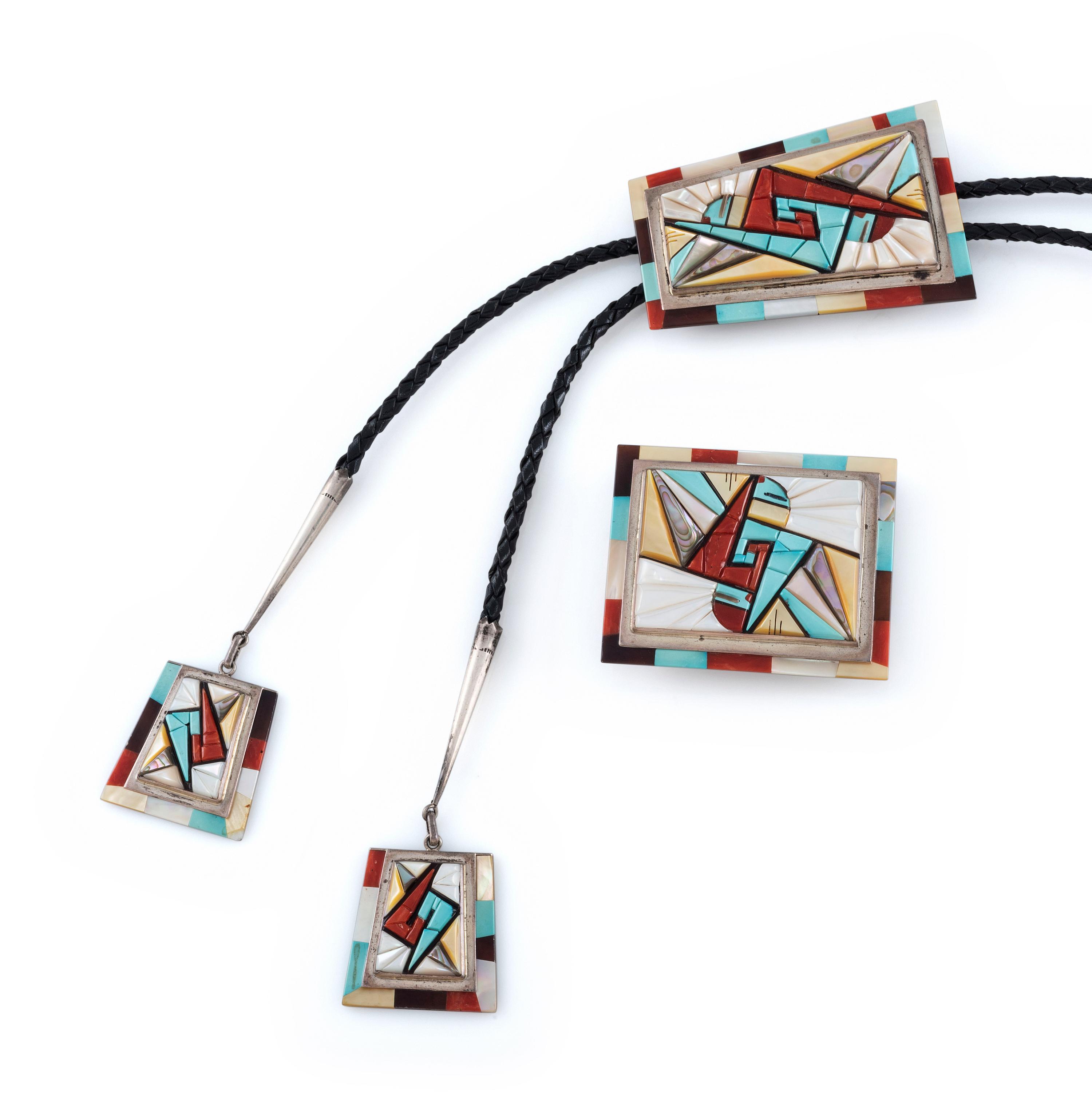 Matching Silver and Mosaic Inlay Bolo Tie and Belt Buckle