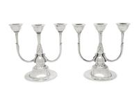A Pair of Harald Nielsen for Georg Jensen Silver Three-Light Candelabra