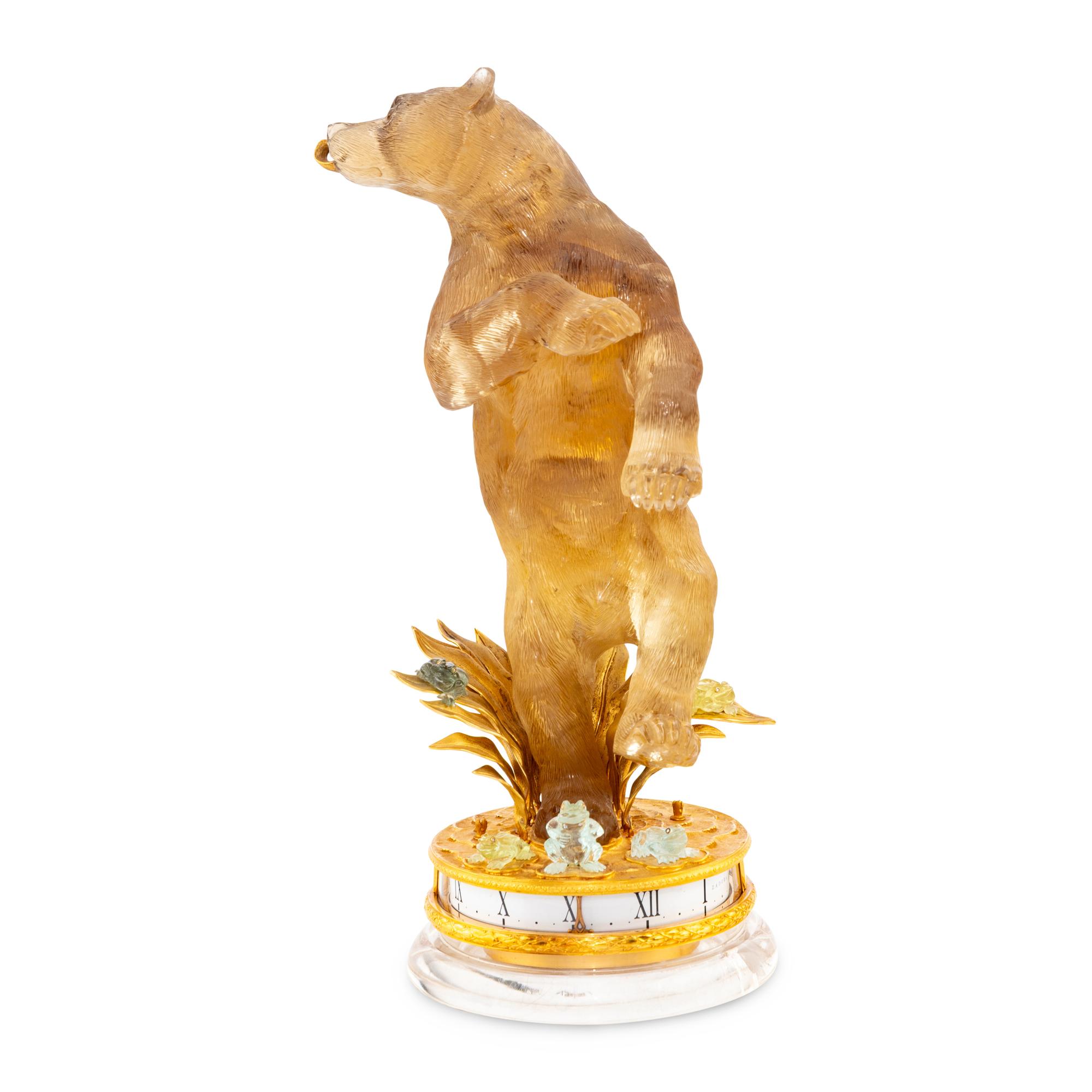 An 18-Karat Yellow Gold, Carved Citrine, Hardstone and Diamond-Inset Annular Clock