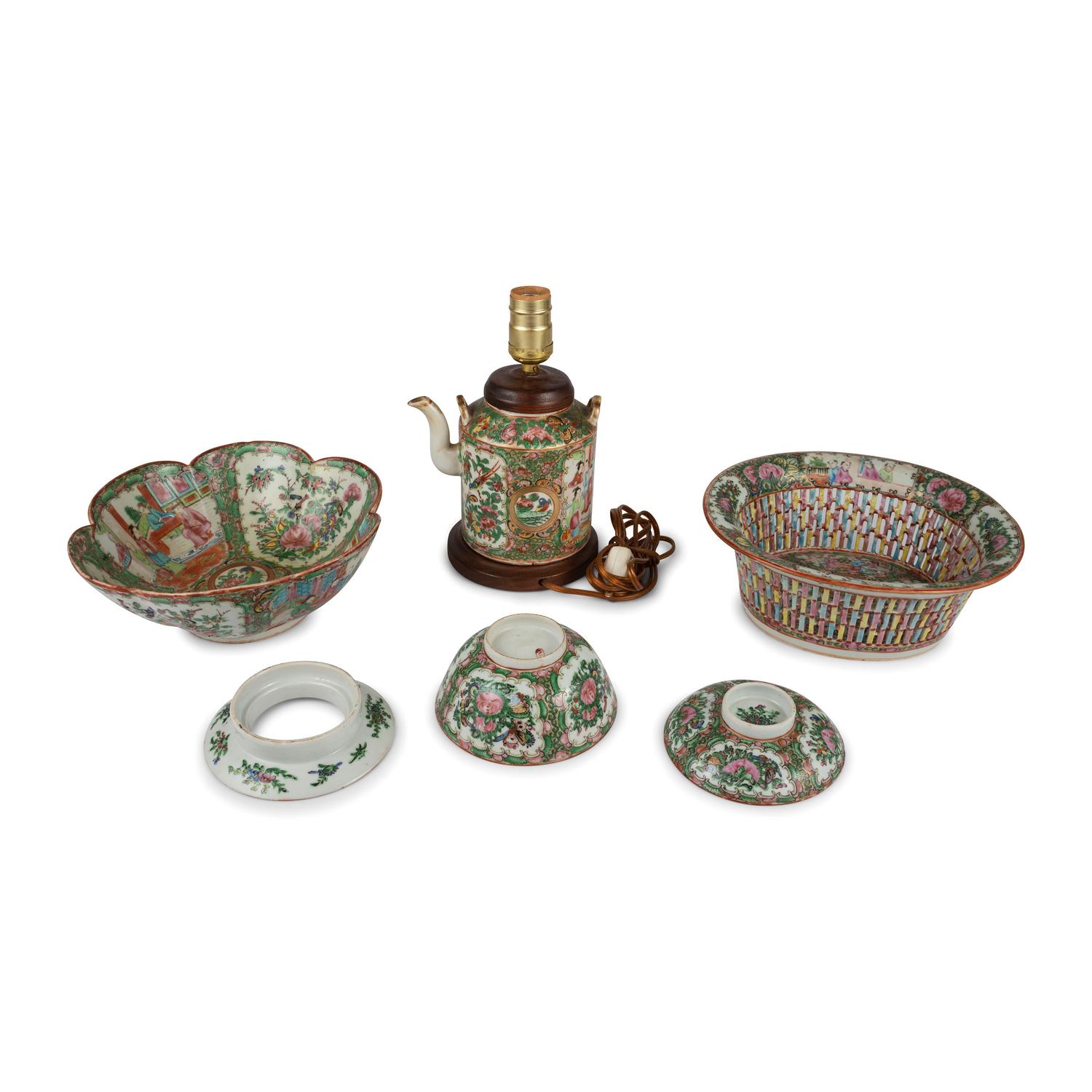 A Collection of Chinese Export Rose Medallion Porcelain Table Articles