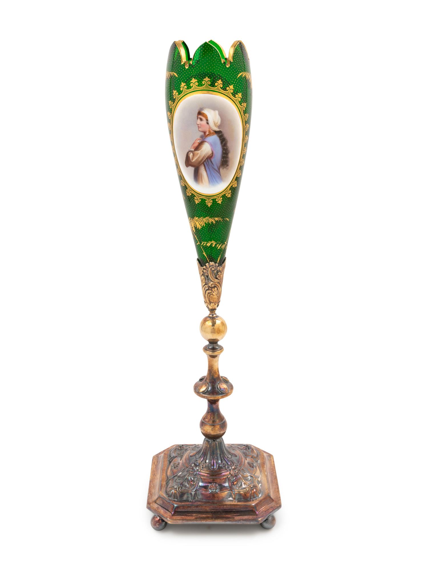 A Bohemian Enameled Glass Portrait Vase