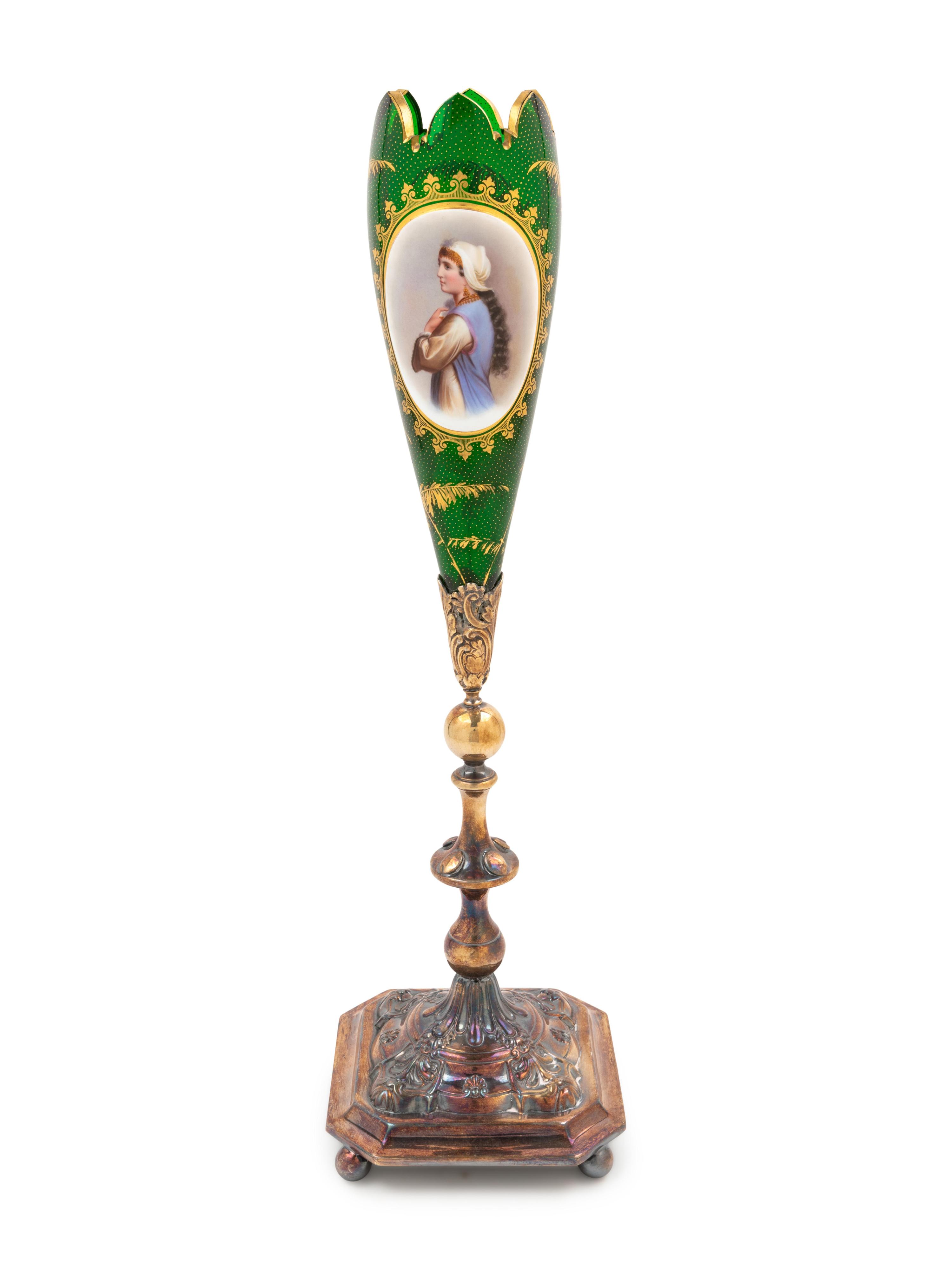A Bohemian Enameled Glass Portrait Vase
