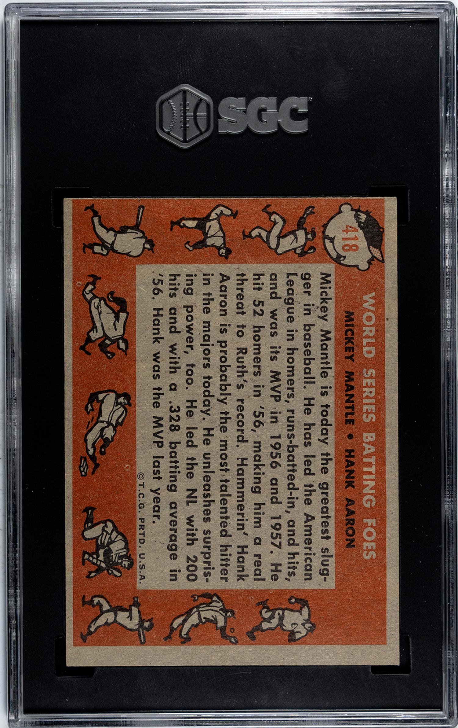A 1958 Topps Mickey Mantle and Hank Aaron World Series Batting Foes Baseball Card No. 418 (SGC 5 EX)