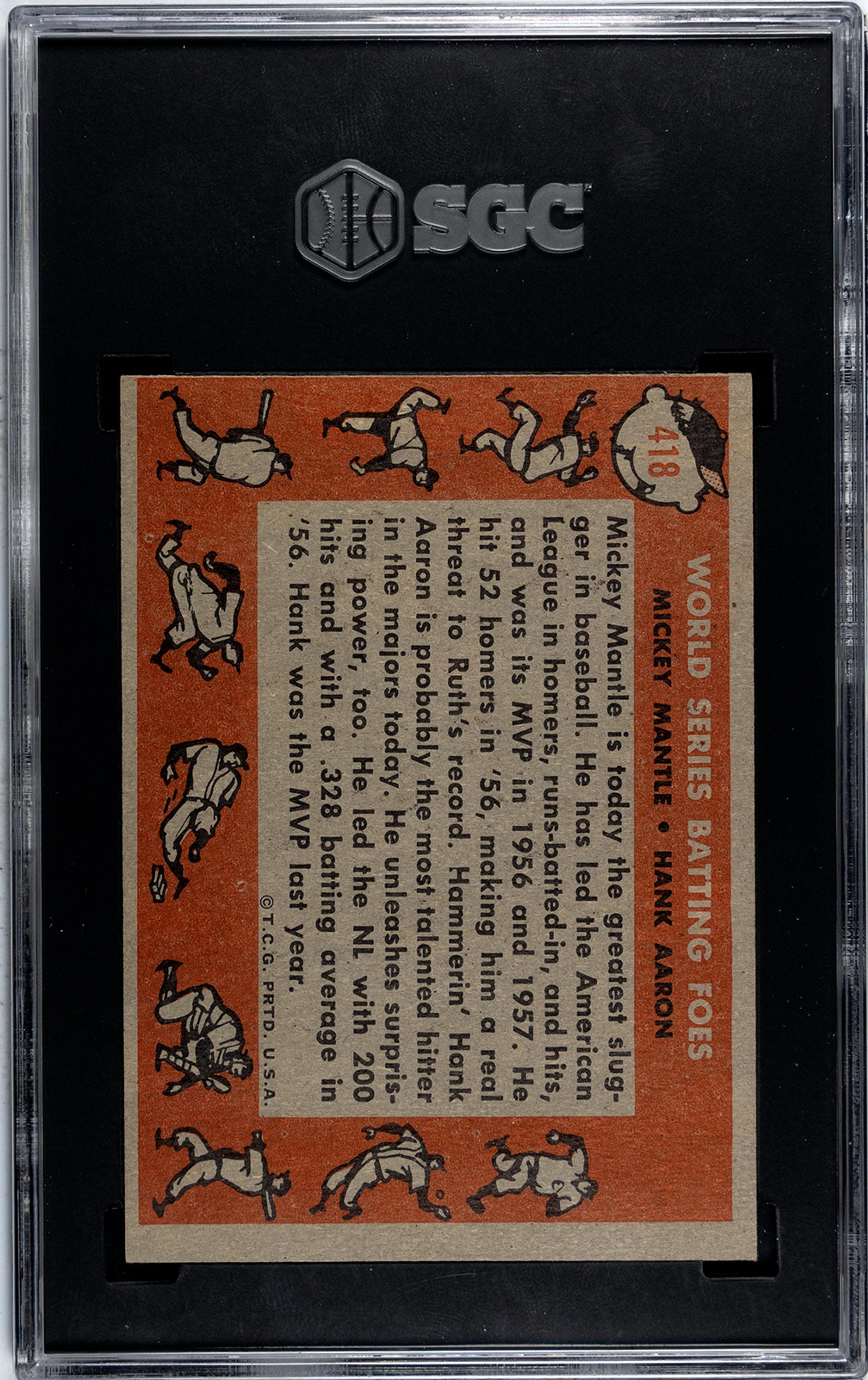 A 1958 Topps Mickey Mantle and Hank Aaron World Series Batting Foes Baseball Card No. 418 (SGC 5 EX)
