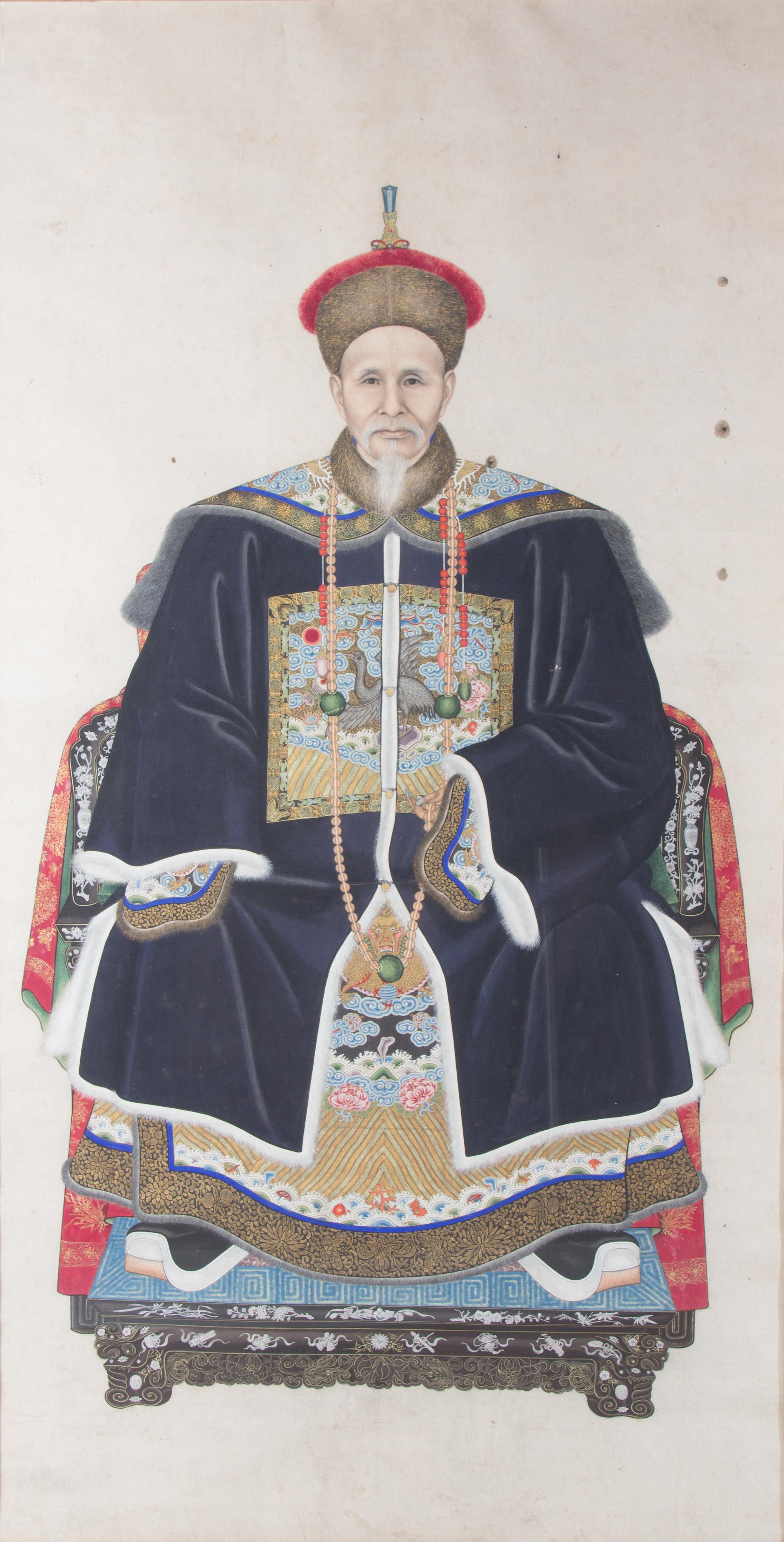 A Chinese Ancestor Portrait, Likely Qing Dynasty, 1644-1911, Seated Dignatary