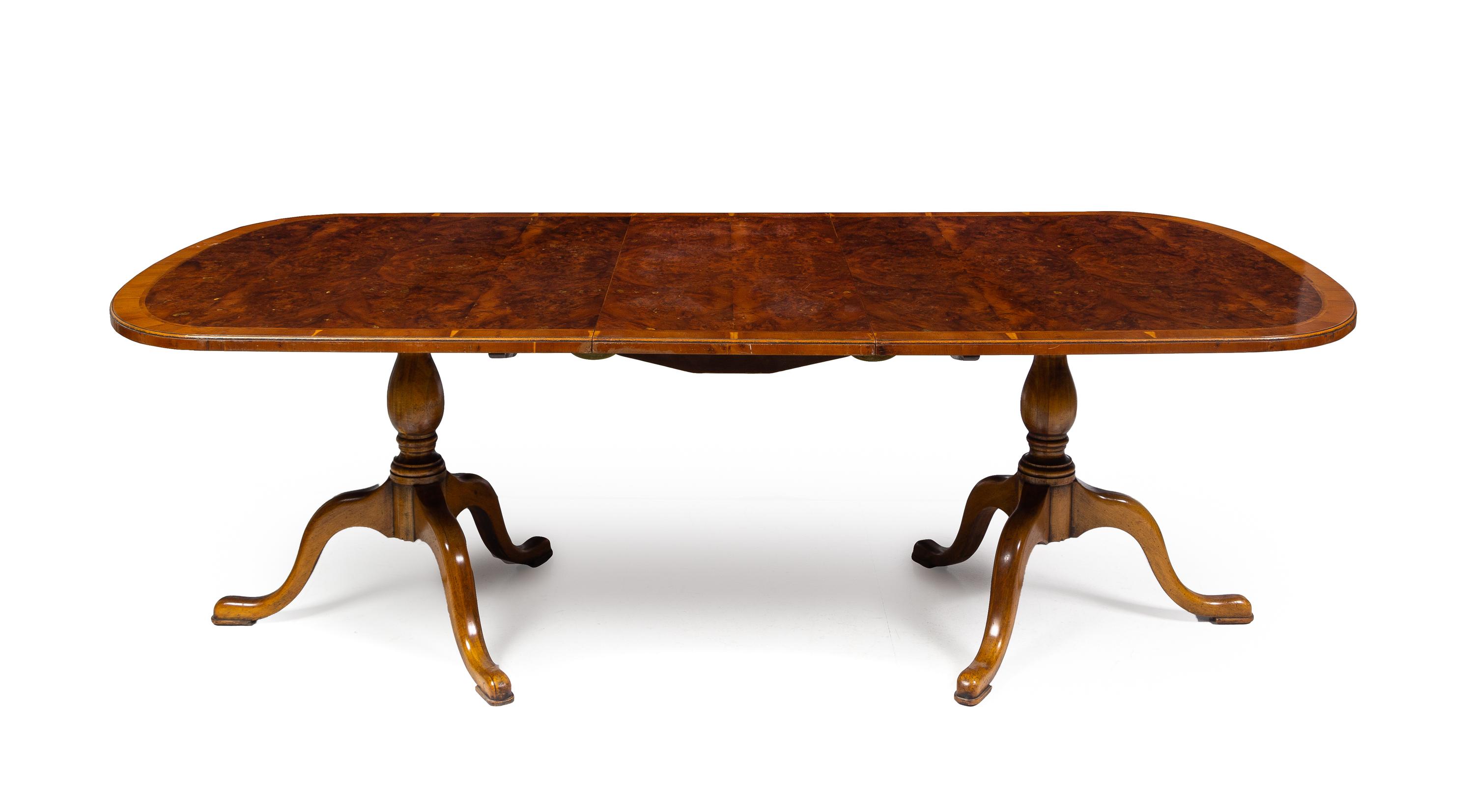 A Provincial George III Style Cross-Banded Burl Walnut Double-Pedestal Dining Table