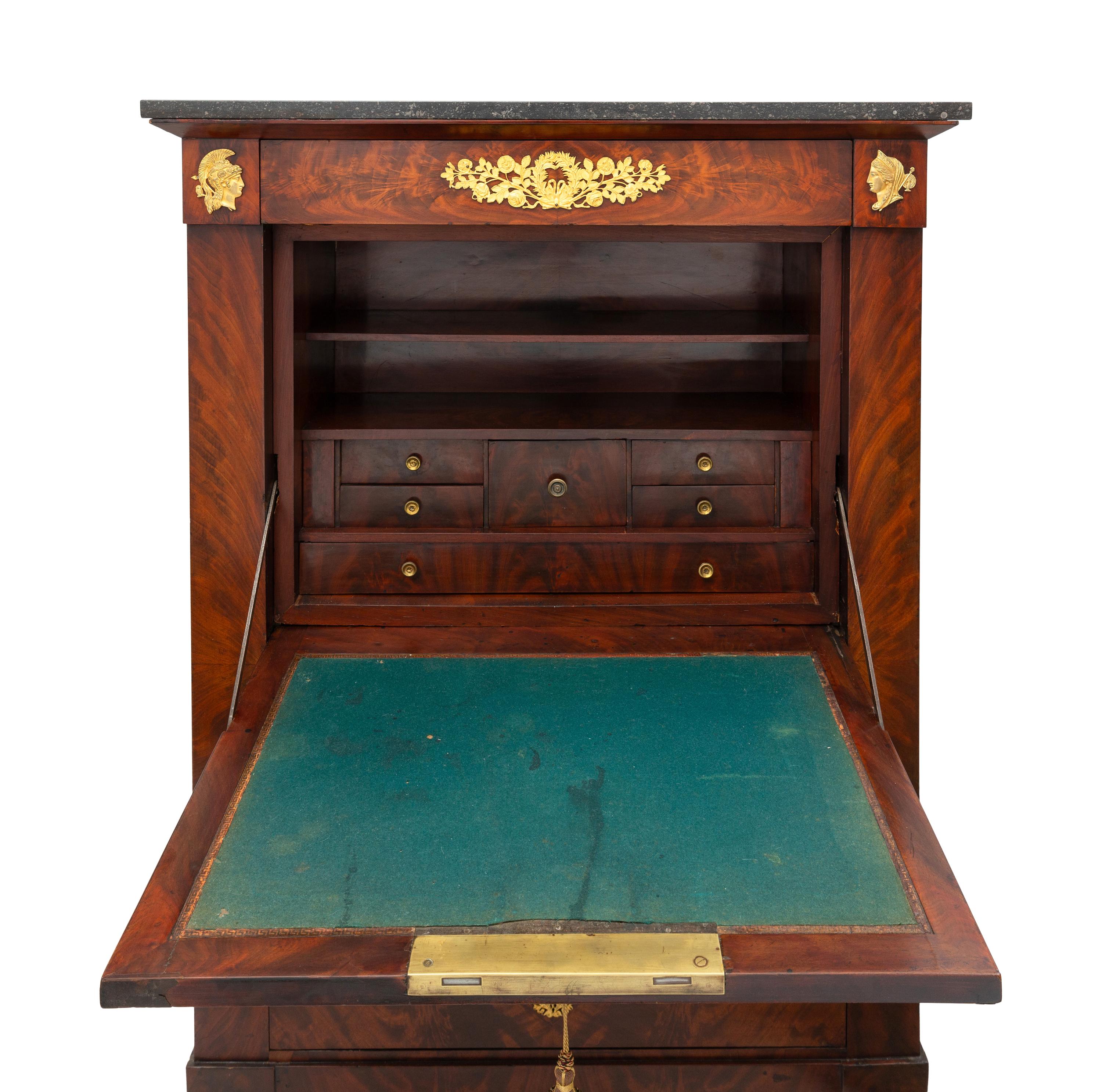 An Empire Style Gilt Bronze Mounted Mahogany Secrétaire à Abattant