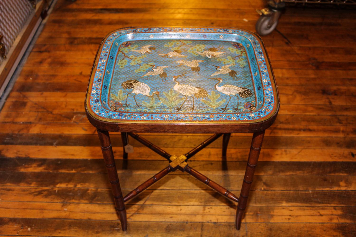 A Chinese Cloisonne Tray Height of table 20 inches.