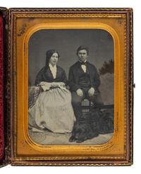 [Early Photography] Half plate daguerreotype of a couple posed with their dog