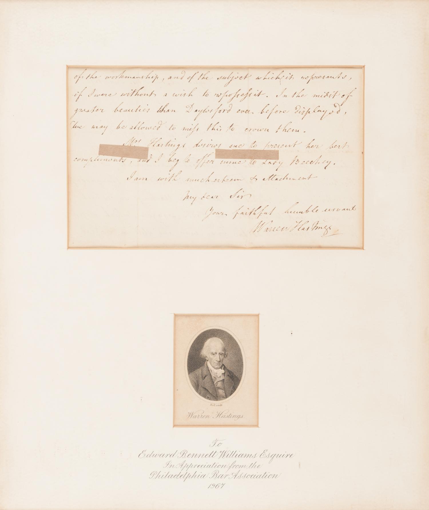 HASTINGS, Warren (1732-1818). Autograph letter signed (“Warren Hastings”), to an unnamed recipient. Daylesford, Gloucestershire, 14 June 1812.