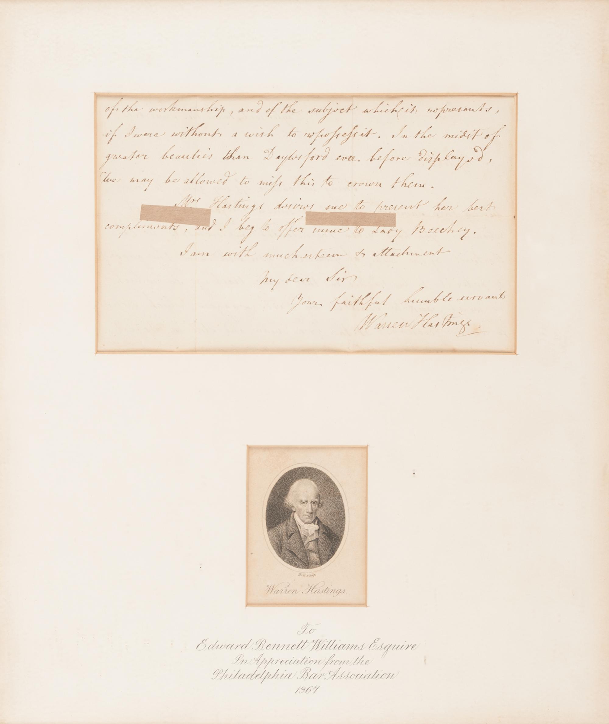 HASTINGS, Warren (1732-1818). Autograph letter signed (“Warren Hastings”), to an unnamed recipient. Daylesford, Gloucestershire, 14 June 1812.