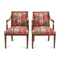 A Pair of Louis XVI Style Fauteuils with Striped Upholstery