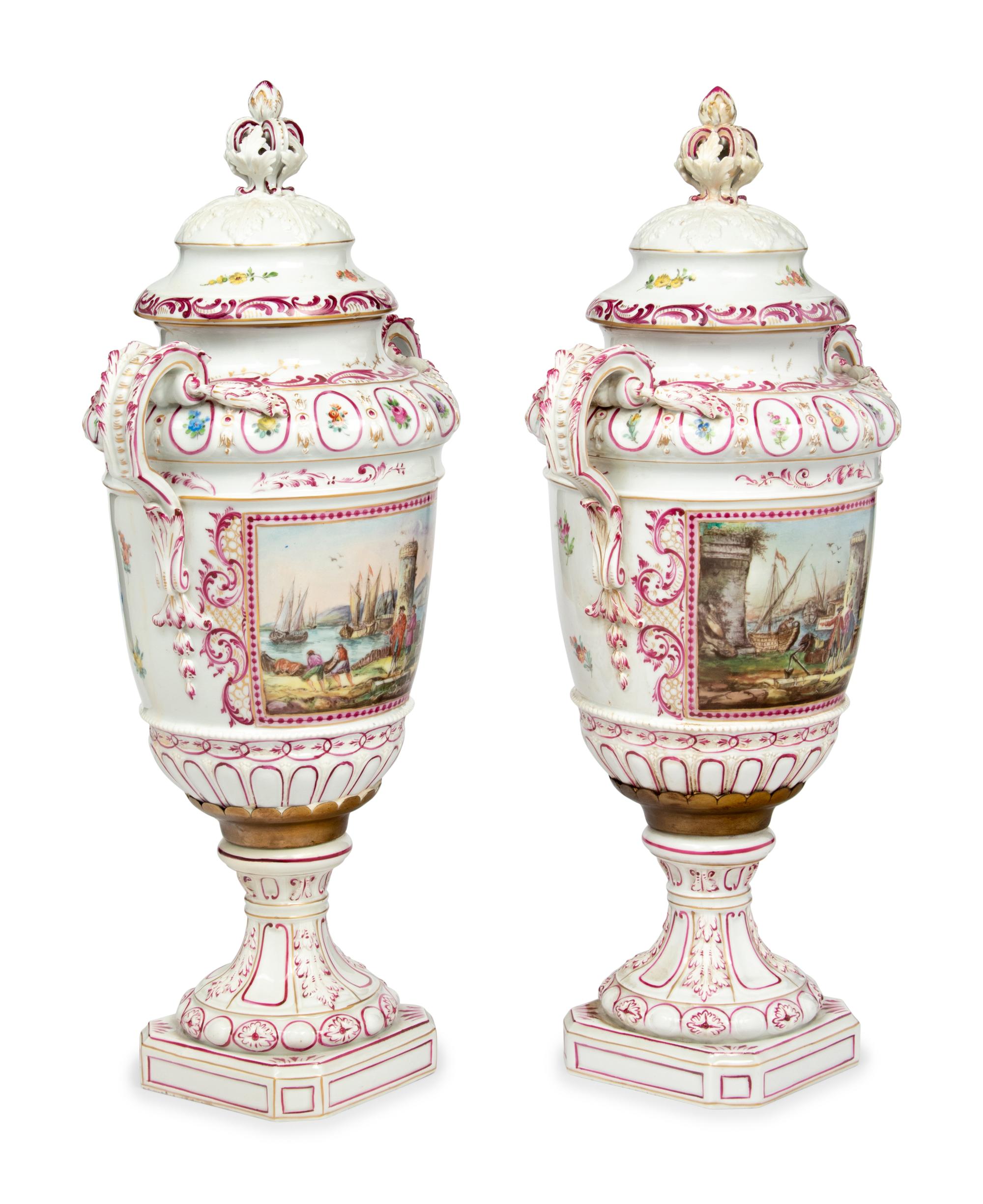 A Pair of Continental Porcelain Urns