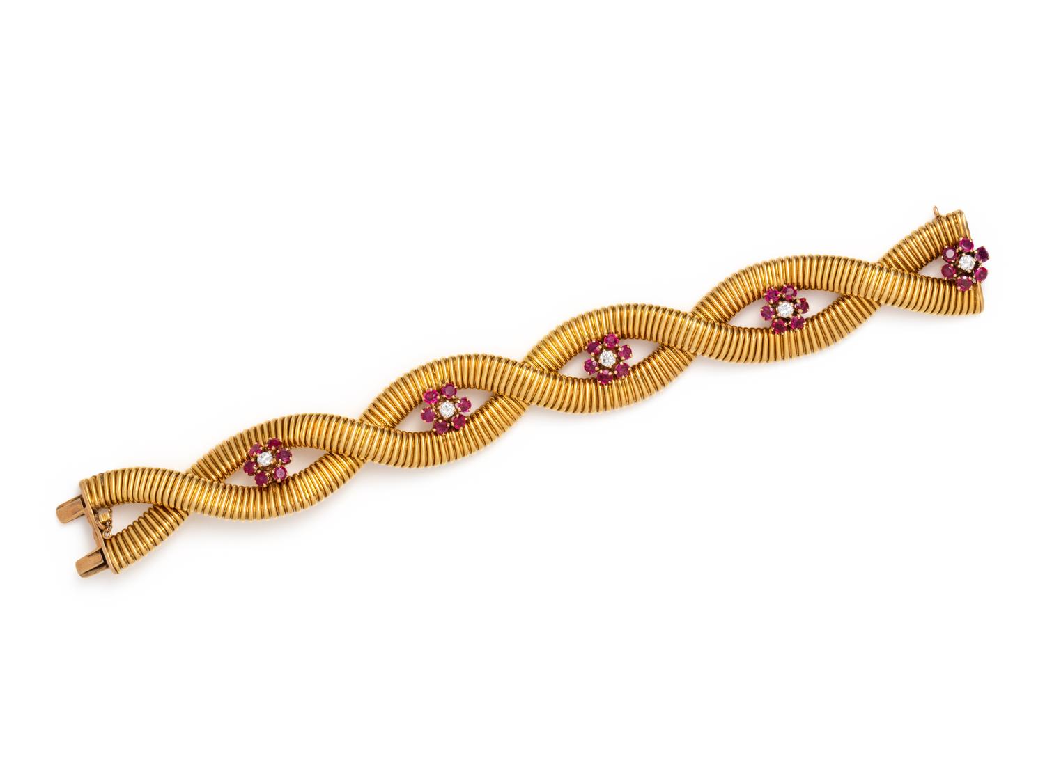 VINTAGE, YELLOW GOLD, DIAMOND AND RUBY BRACELET