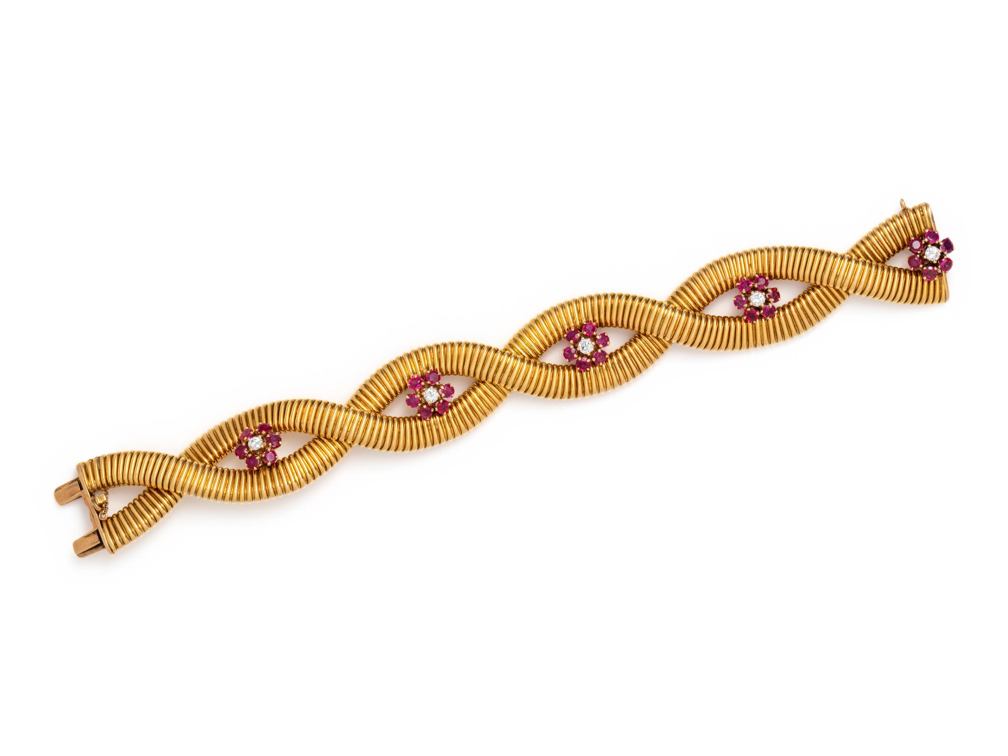 VINTAGE, YELLOW GOLD, DIAMOND AND RUBY BRACELET