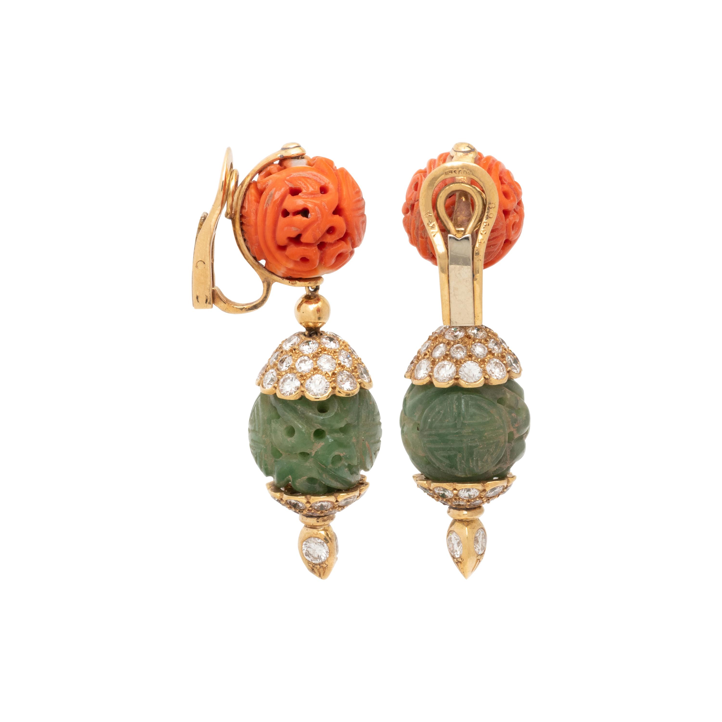 VAN CLEEF & ARPELS, CORAL AND JADE EARRINGS