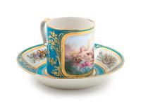 A Sèvres Painted, Parcel Gilt and Celeste Blue-Ground Porcelain Cup and Saucer