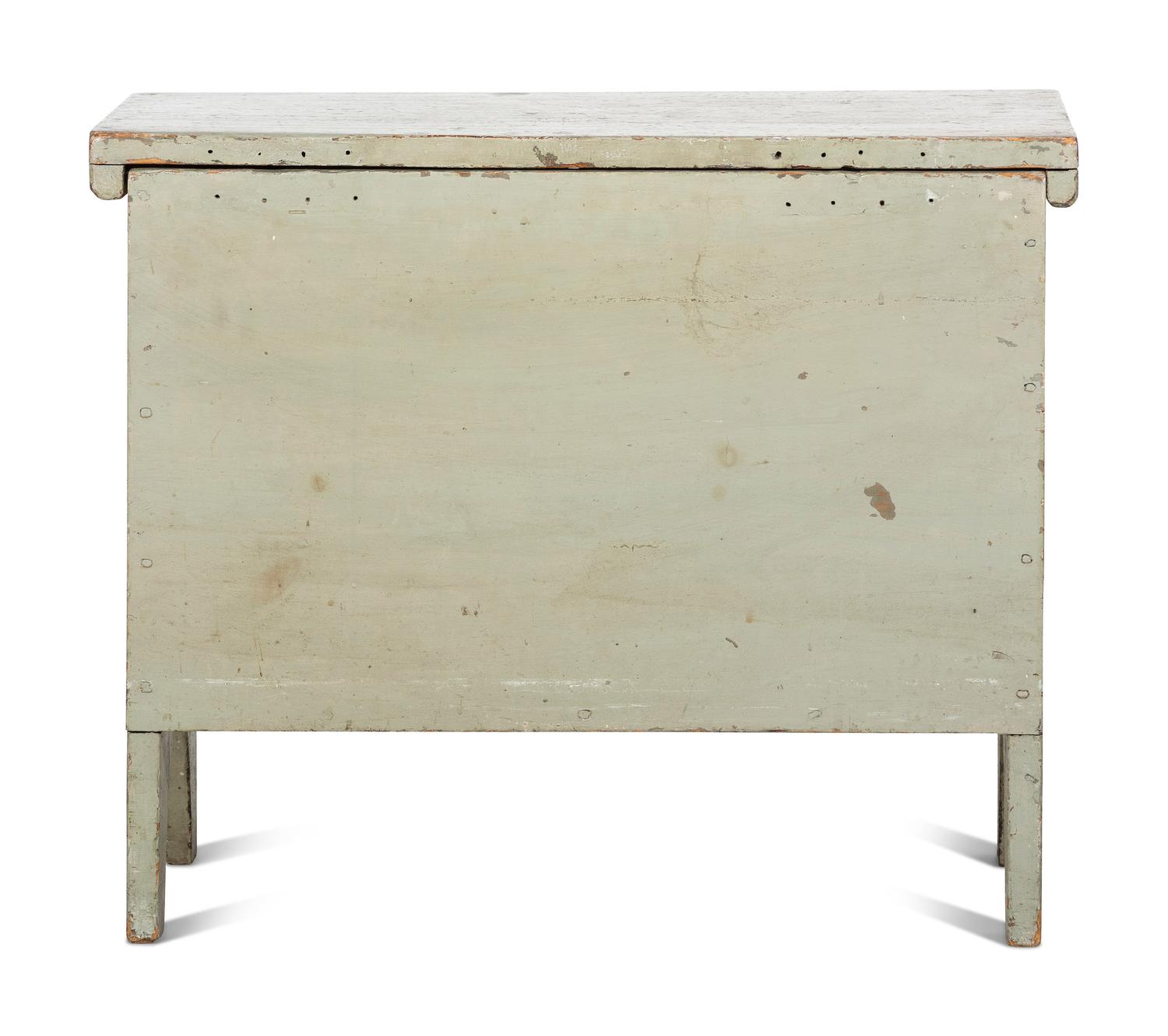 A Country Green-Gray Paint Decorated Pine Diminutive Blanket Chest