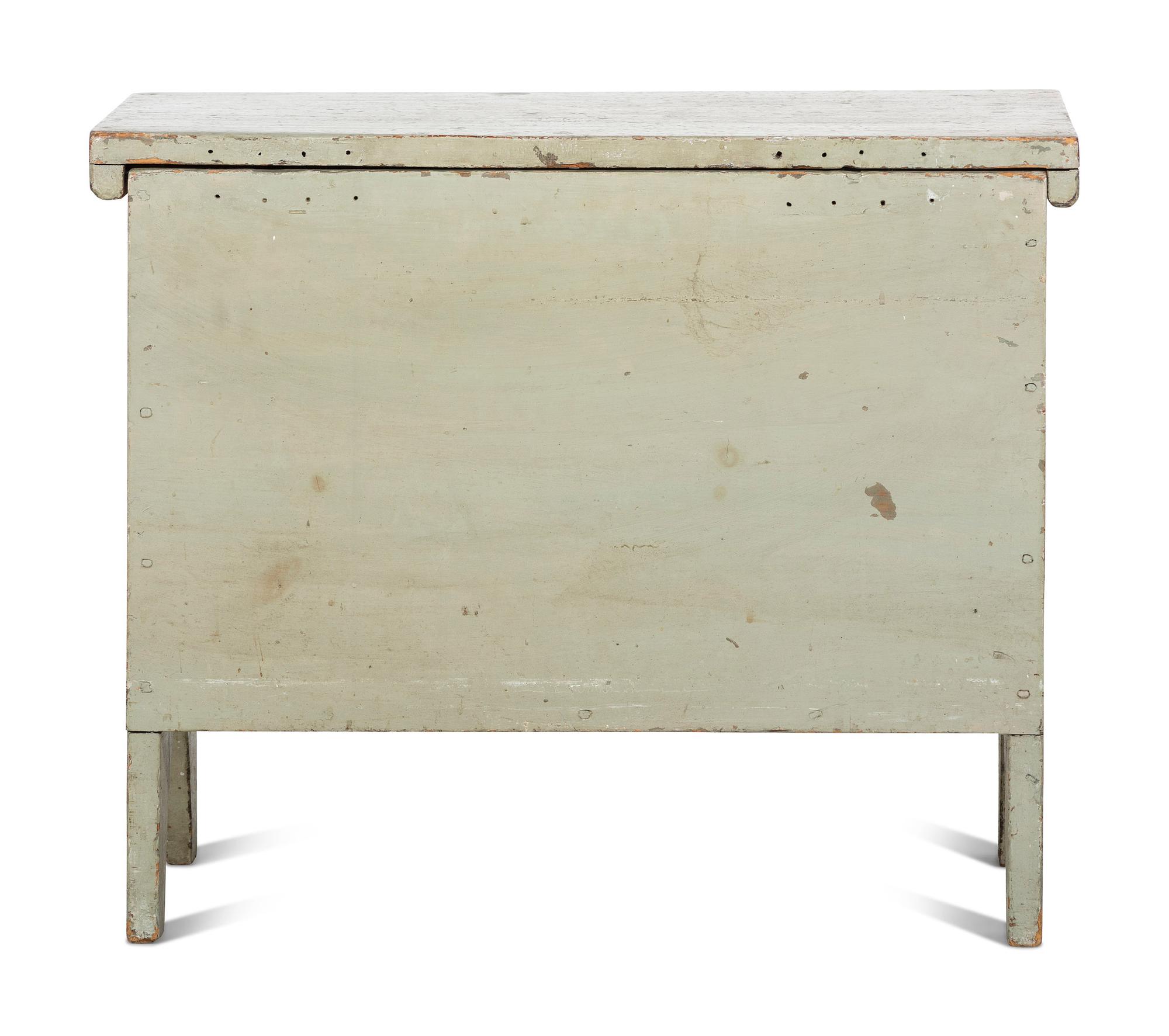 A Country Green-Gray Paint Decorated Pine Diminutive Blanket Chest