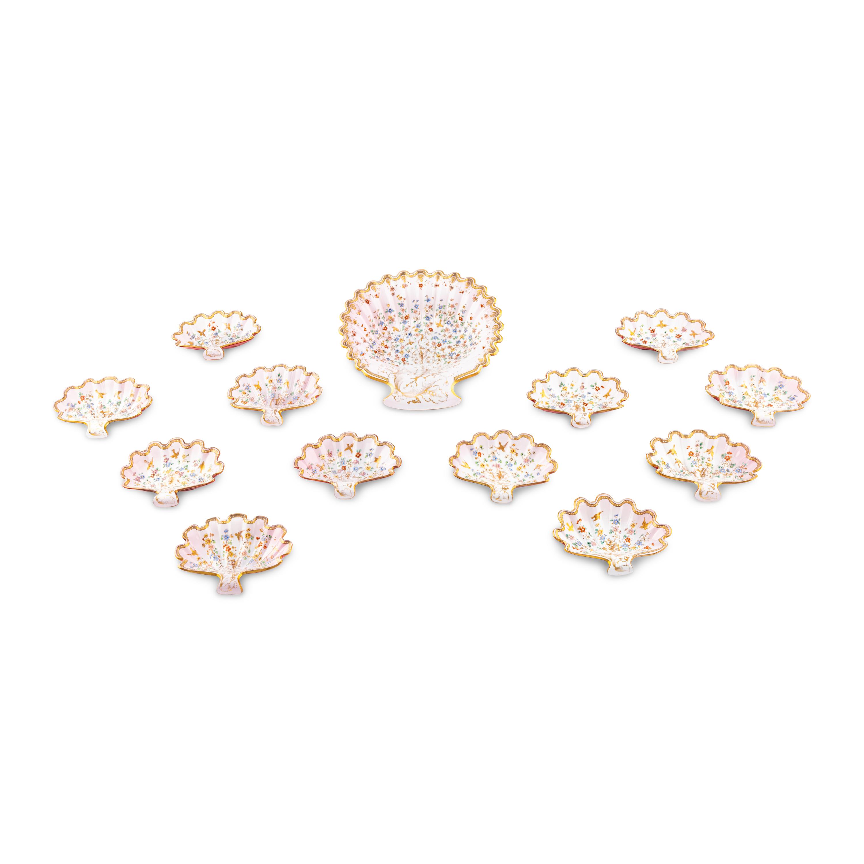 A Set of Bohemian Enameled Glass Shell-Form Dishes