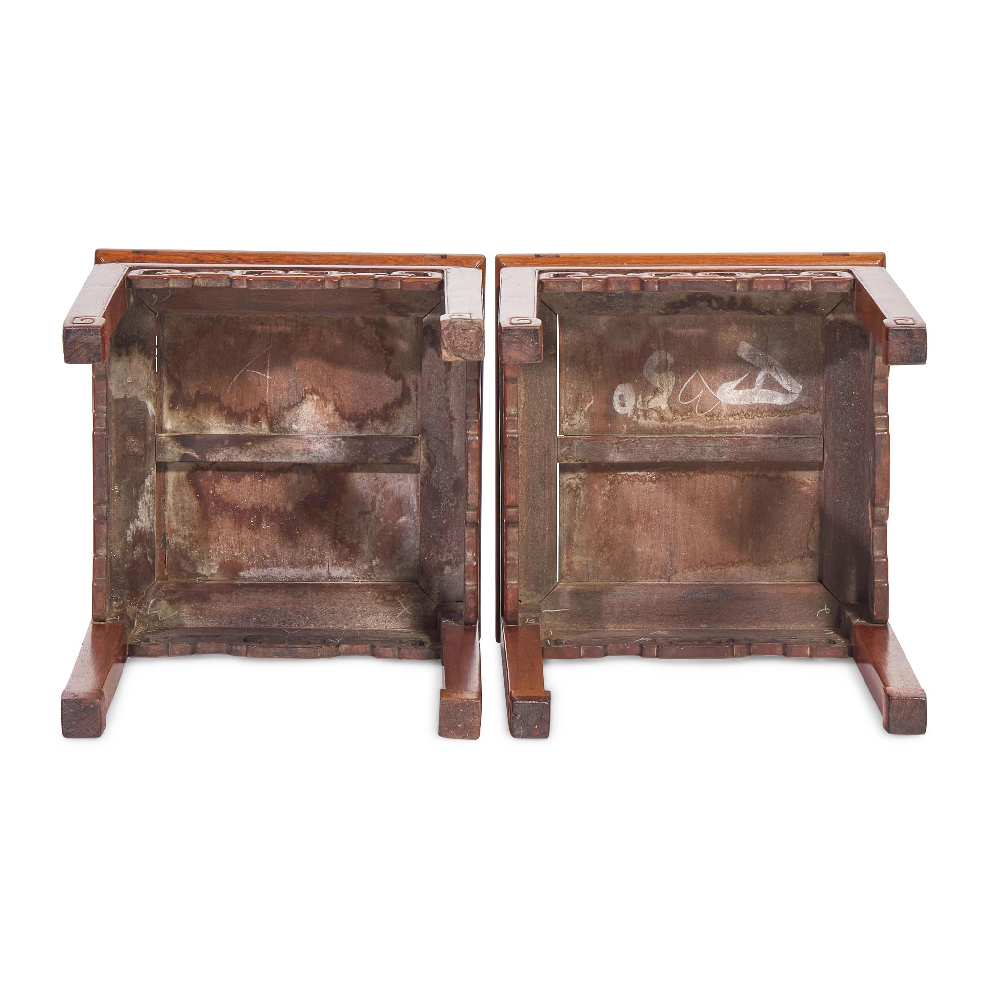 A Pair of Chinese Huanghuali Square Stools, Fangdeng, Qing Dynasty 清 黃花梨有束腰透雕拐子龙纹方凳一對