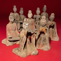 Nine Chinese Painted Grey Pottery Musicians, Late Northern Wei-Northern Qi Dynasty — 北魏晚期-北齊 灰陶彩繪伎樂俑一組九件