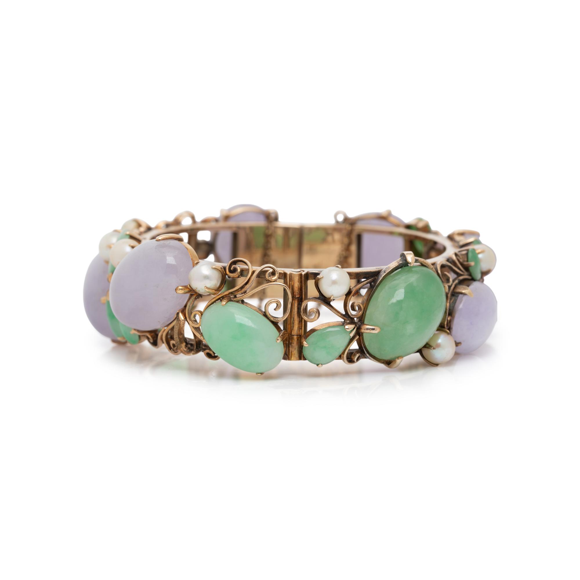 JADE, CULTURED PEARL, AND YELLOW GOLD BANGLE BRACELET