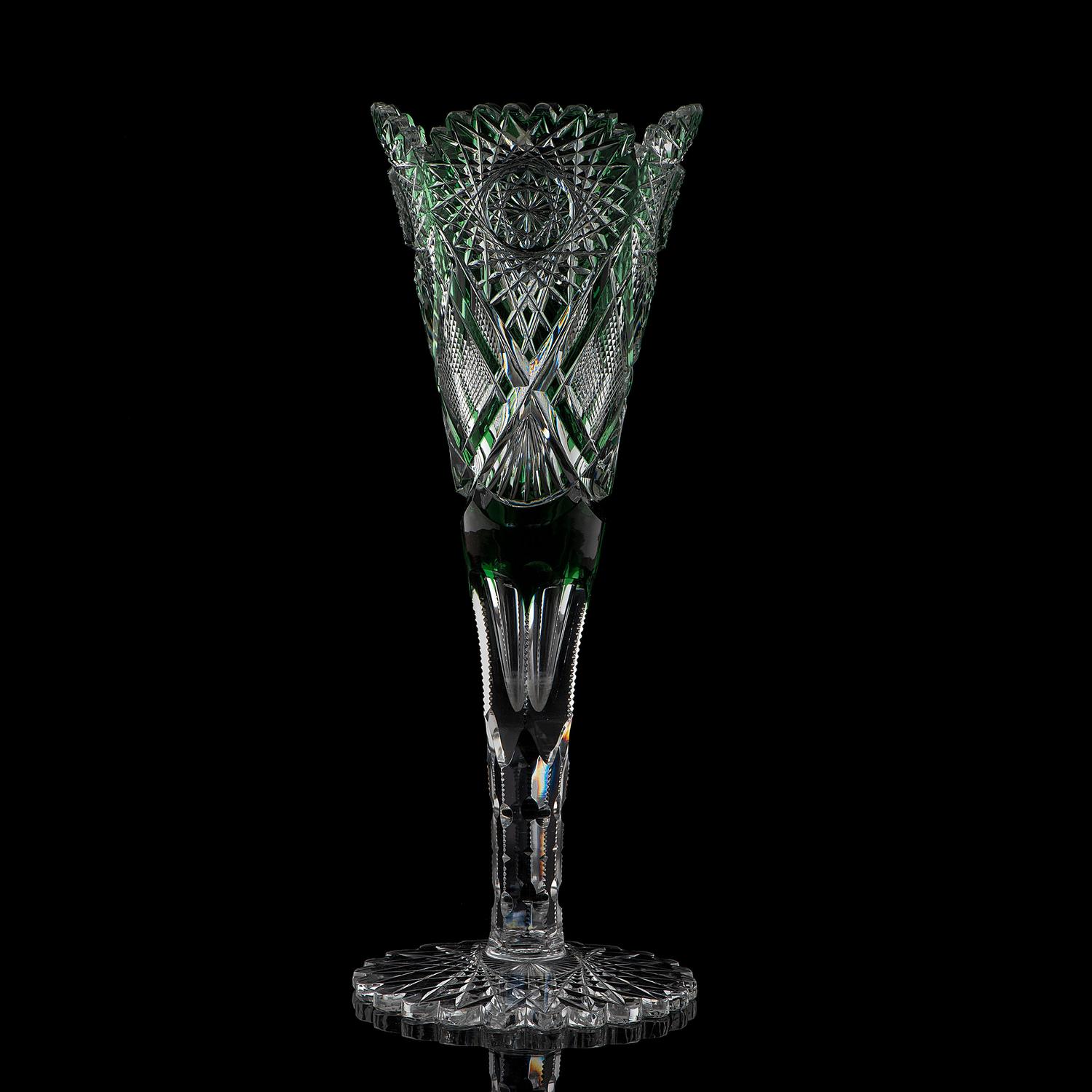 A Val St. Lambert Green Cut to Clear Glass Trumpet Vase