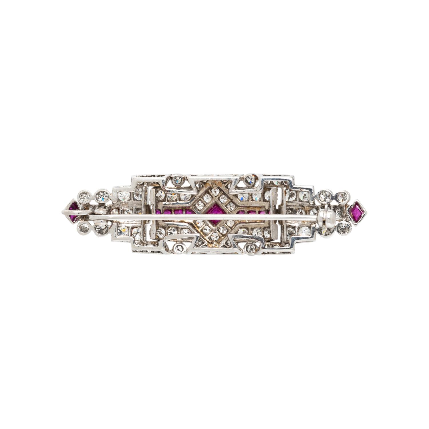 ART DECO, PLATINUM, DIAMOND, AND RUBY BROOCH