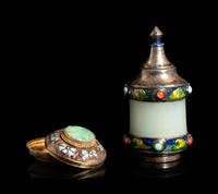 A Chinese Jade Mounted Silver Metal Snuff Bottle and A Chinese Jadeite Inset Gilt Filigree Pill Box